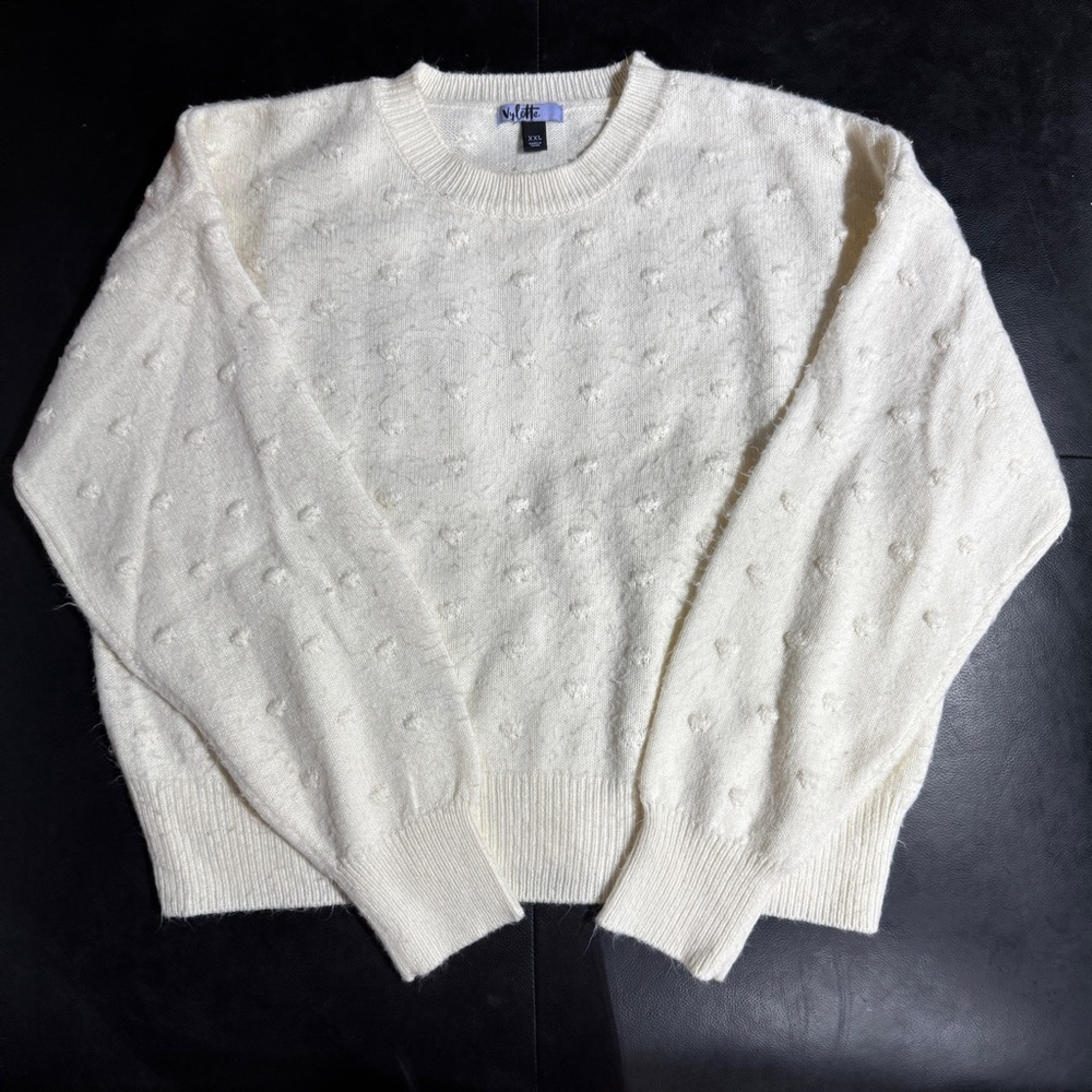 White Textured Knit Crew Neck Sweater